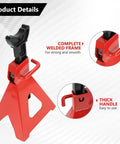 6 Ton Heavy Duty Automotive Jack Stands Pair For Garages And Shops, Steel Car Lifting Stands With Adjustable Height From 11.4 To 16.8 Inches, Wide Top Saddle For Secure Support, Red with complete welded frame and thick handle details
