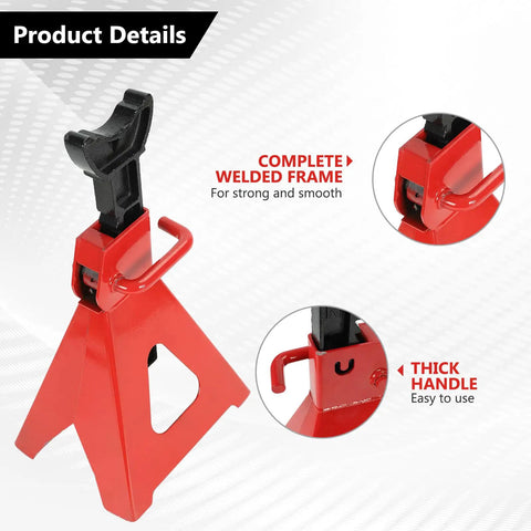 6 Ton Heavy Duty Automotive Jack Stands Pair For Garages And Shops, Steel Car Lifting Stands With Adjustable Height From 11.4 To 16.8 Inches, Wide Top Saddle For Secure Support, Red with complete welded frame and thick handle details