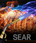 Propane Torch Head With Three Nozzles Trigger Start MAP Pro Gas Torch searing steak on grill with blue flame