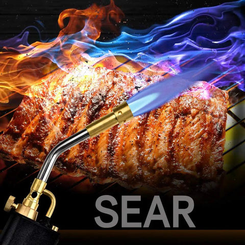 Propane Torch Head With Three Nozzles Trigger Start MAP Pro Gas Torch searing steak on grill with blue flame