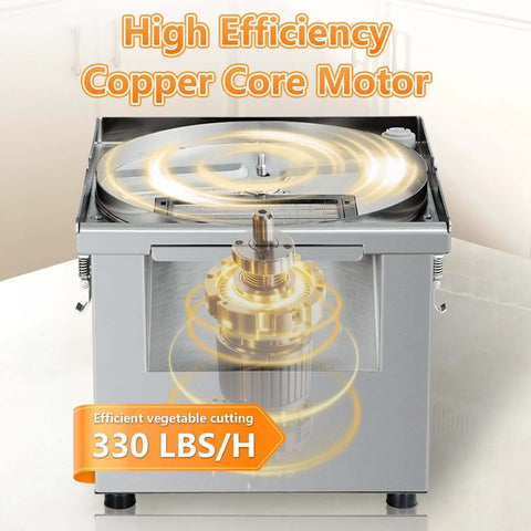 Front view of a 4-in-1 commercial vegetable processor with stainless steel body and copper-core motor