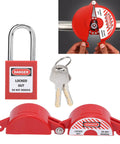 Heavy Duty Valve Lockout Safety Padlock For Home Gas And Water Meters With Adjustable Handwheel Fit That Snaps On Easily And Comes With A Secure Lock Box To Keep Your Systems Locked Up Tight All Season Long showing red padlock, keys, and valve lockout device.