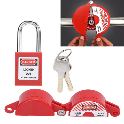 Heavy Duty Valve Lockout Safety Padlock For Home Gas And Water Meters With Adjustable Handwheel Fit That Snaps On Easily And Comes With A Secure Lock Box To Keep Your Systems Locked Up Tight All Season Long showing red padlock, keys, and valve lockout device.