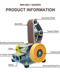 Built Like A Tank Mini Belt Sander And Polisher With Seven Adjustable Speeds Forward Reverse Control And Included Abrasive Strips, features labeled components.