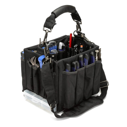 Heavy Duty Four Drawer Rolling Utility Cart For Workshop Garage And Warehouse With Slick Storage Layout And Included Tool Bag, compact tool bag with various tool slots.