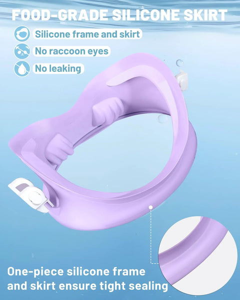 No Leak Diving Mask For Snorkeling And Free Diving With 180 Degree Wide View HD Oval Tempered Glass Lens And Food Grade Silicone Goggles For Youth Adults Women Men Clear Vision And Comfortable Fit in purple silicone frame