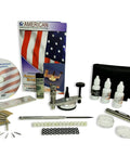 Pro Grade Windshield Repair Kit Essentials For Rock Chip And Crack Fix With Bridge System Resin And UV Pen Light For DIY Drill Use And Quick Clean Repairs kit including tools, resin bottles, and instruction DVD.