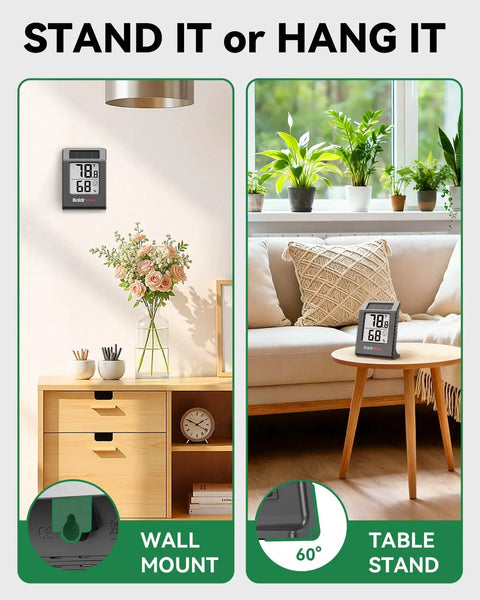 2 Pack Digital Hygrometer Thermometer With Solar Power And Battery Backup Temperature And Humidity Monitor For Home Mini Room Thermometer With Comfort Indicator Black wall mount and table stand