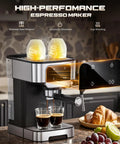 Effortless Home Barista Kit Compact Espresso Machine With 20 Bar Pump And Quick Milk Frother Led Touch Control Coffee Maker brewing espresso shots.