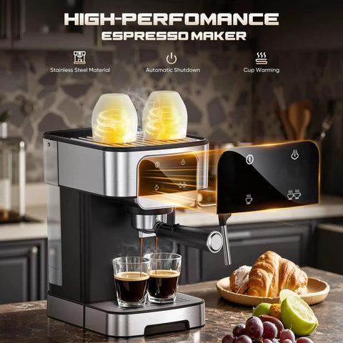 Effortless Home Barista Kit Compact Espresso Machine With 20 Bar Pump And Quick Milk Frother Led Touch Control Coffee Maker brewing espresso shots.