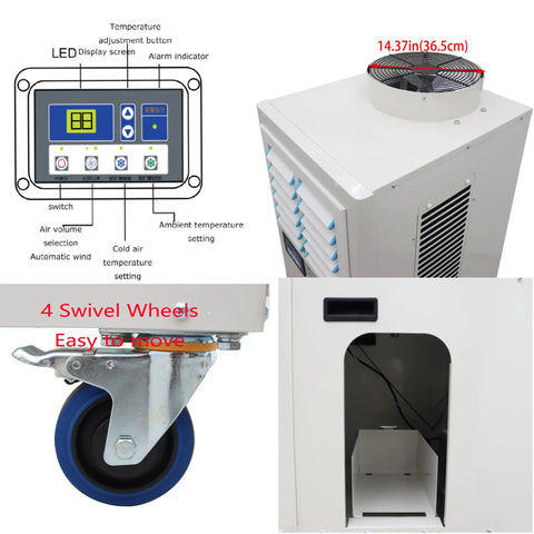 Workhorse Industrial Spot Cooler Dropping 20400 BTU Frost With 3600 Cubic Meter Hour Airflow And Beefy 14 Liter Tank, control panel and top ventilation.