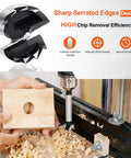 Heavy Duty Carbon Steel Forstner Drill Bit Set 15 32 Inch Woodworking Hole Saw 12Mm Multi Tooth Borer 8Mm Shank Two Pack cutting a wooden block.