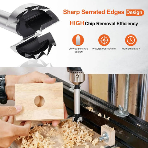 Heavy Duty Carbon Steel Forstner Drill Bit Set 15 32 Inch Woodworking Hole Saw 12Mm Multi Tooth Borer 8Mm Shank Two Pack cutting a wooden block.