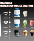 Image showing different drink options including protein powder, cream, matcha, smoothie, and RPM settings for mixing.