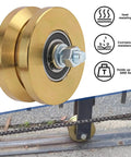 Built Like A Tank 4 Inch Sliding Gate Rollers Wheels 2 Pack, showing detailed gold V groove wheel with double sealed bearings.