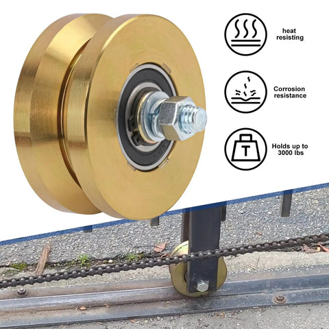 Built Like A Tank 4 Inch Sliding Gate Rollers Wheels 2 Pack, showing detailed gold V groove wheel with double sealed bearings.