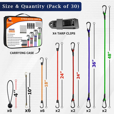Heavy Duty Bungee Cords With Hooks Kit 30 Pcs Assorted Sizes display with tarp clips and storage bag