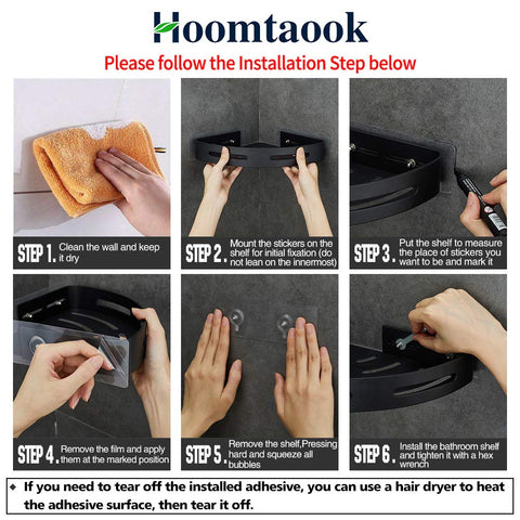 Installation steps for 2 Pack Hassle Free Bathroom Corner Shelf With Heavy Duty Self Adhesive Shower Caddy and 4 Hooks for Kitchen and Toilet.