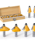 Six Piece Chamfer Router Bit Set With Precision Ball Bearing And Half Inch Shank Heavy Duty Carbide Heads Anti Kickback Design in a wooden box.