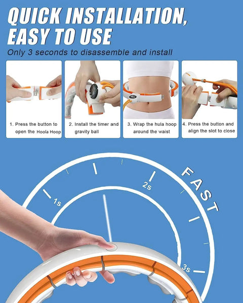 Weighted Infinity Hula Hoop for Weight Loss, Waist Burn Tool With Silicone Massage Heads showing quick installation steps.