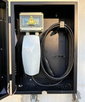 Heavy Duty Outdoor EV Charger Lock Box With Key, Black 27.5 Inches, showing EV charger and cables inside weatherproof steel enclosure.