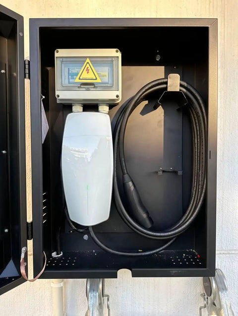 Heavy Duty Outdoor EV Charger Lock Box With Key, Black 27.5 Inches, showing EV charger and cables inside weatherproof steel enclosure.