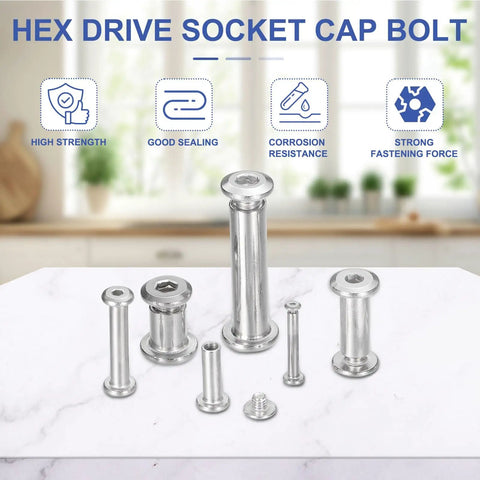 Bulletproof 304 Stainless Steel Hex Socket Cap Chicago Screws 20 Pack Metric Binding Post Set for Scrapbooking Leather Work, featuring multiple sizes.