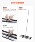 Assembly instructions for Roller Lawn Leveling Rake with 83.9 inch adjustable handle and stainless steel base.