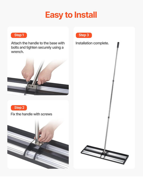 Assembly instructions for Roller Lawn Leveling Rake with 83.9 inch adjustable handle and stainless steel base.