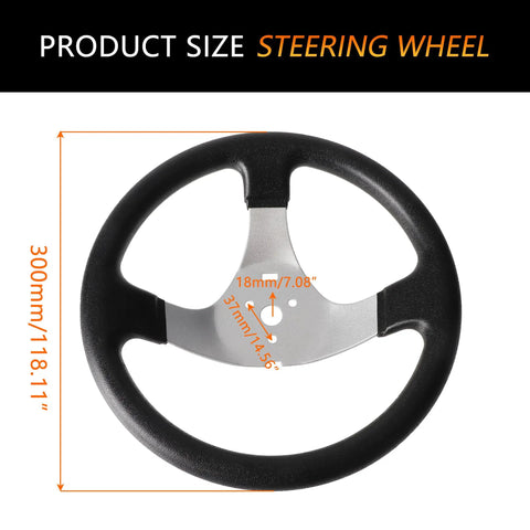 Universal 300mm Steering Wheel for Go Karts, ATVs, UTVs with adjustable shaft and rack system, black and silver metal materials.