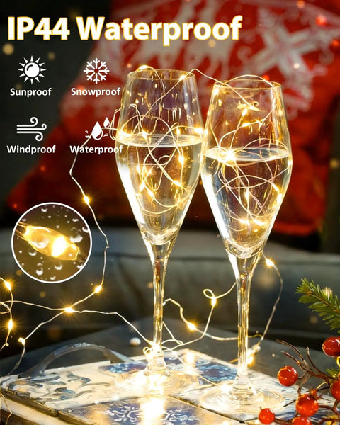 Two champagne glasses decorated with 4 Pack 60 LED Battery Operated Fairy Lights With Timer, 20 Ft Waterproof Indoor Outdoor.