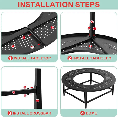 Installation steps for 38 Inch Fire Pit Surround Tabletop For Smokeless Fire Pit, showing assembly with tabletop, legs, and crossbar.