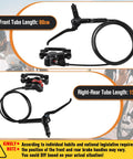 4 Piston Hydraulic Disc Brakes Set for Mountain Bike and E Bike, front left hose 80cm, rear right hose 150cm displayed.