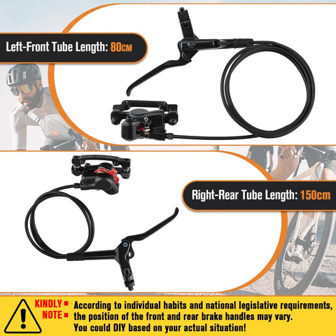 4 Piston Hydraulic Disc Brakes Set for Mountain Bike and E Bike, front left hose 80cm, rear right hose 150cm displayed.
