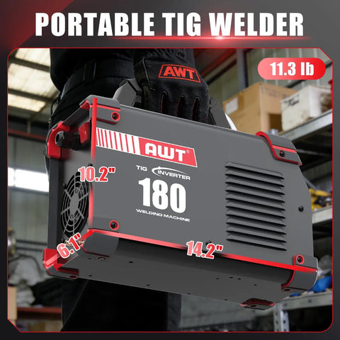 180 Amp DC Pulse TIG Welder With Cold Start And Large LED Display being carried in a workshop showing dimensions 10.2" x 6.1" x 14.2"