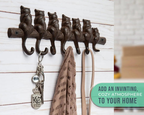 Hella Tough Cast Iron Wall Hook Rack With Seven Cute Cat Designs For Coats Keys And Hats, Vintage Rustic Brown decorative organizer with keys.