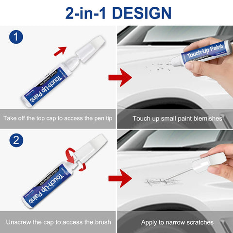 Lexus Ultra White 083 Car Touch-Up Paint 2-In-1 Scratch Repair Kit No Mix Formula usage guide with pen and brush application.