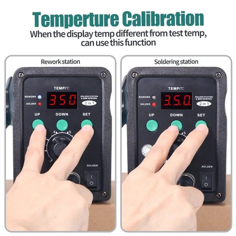 2 In 1 Rework Station For SMD Soldering And Hot Air Rework, Dual Digital Display Soldering Iron And Hot Air Gun With Precise PID Temperature Control showing calibration process