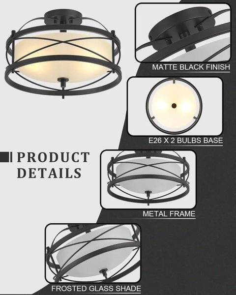Industrial Vintage Semi Flush Mount Ceiling Light With Two Cage Drum Light Fixtures In Old Bronze Finish details view
