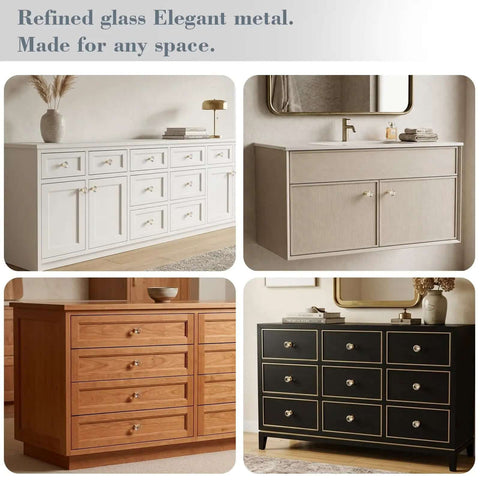 6 Pack Gold Tapered Diamond Cabinet Knobs With Clear Crystal Tops on various dresser and cabinet styles.