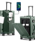 All Aluminum Carry On Luggage Airline Approved 20 Inch Hardside Spinner With Cup Holder And USB Charger TSA Lock Front Pocket Durable Suitcase For Women And Men Dark Green 22x14x9, showing a cup holder and open front pocket with USB charging phone.