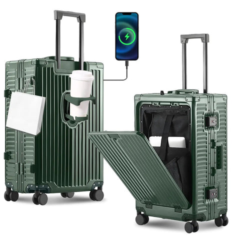 All Aluminum Carry On Luggage Airline Approved 20 Inch Hardside Spinner With Cup Holder And USB Charger TSA Lock Front Pocket Durable Suitcase For Women And Men Dark Green 22x14x9, showing a cup holder and open front pocket with USB charging phone.