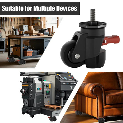 Four Pack Heavy Duty Leveling Casters Set With 580 Lb Capacity, Adjustable Height 0.2 In, 360 Degree Swivel, M12 And Half Inch Stems, Built For Workbenches, Machines, Equipment, And Heavy Furniture