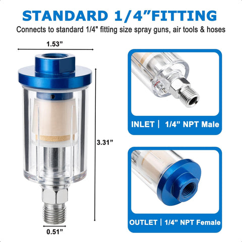 Inline Air Dryer And Water Oil Separator For Compressors 1/4 Inch NPT Moisture Filter Two Pack with 1/4 NPT fitting details.