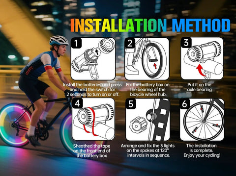 Cyclist with Three Pronged Bicycle Spoke Lights Set for Bike Wheels With 360 Degree Visibility LED Wheel Lights Vibration Sensing