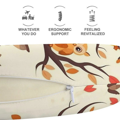 Cartoon Family Owls On The Brown Tree U Shaped Travel Pillow With Memory Foam Core featuring a zipper on the cover.