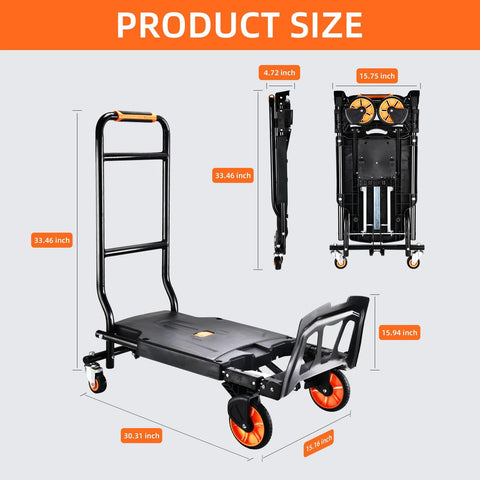Folding hand truck, front view with black steel frame, orange handle and wheels, 500 lb capacity.