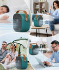 Rechargeable Mini Air Conditioner With 5200mAh Battery displayed in bedroom, living room, office, and camping settings.