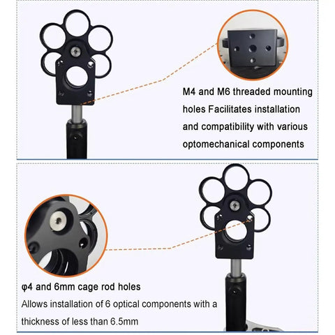 Pro-Grade 1 Inch Coaxial Filter Wheel With Cage Type Mount, 5/6-Position Rotary Holder, M4/M6 Mount, black design close-up.
