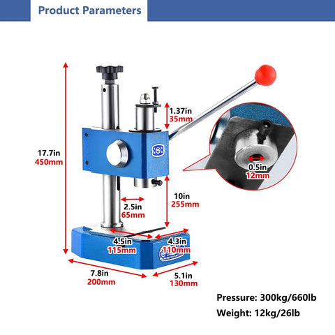 Real Deal 0.5 Ton Heavy Duty Workhorse Arbor Press For Leather Crafting And Metalworking Ductile Iron Manual Punching Machine With 12.6 Inch Max Lift Height Stamping Riveting Tool showing dimensions and pressure specifications.